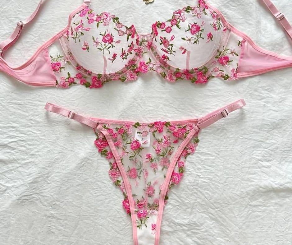 Floral Embroidery Lingerie Set Pink