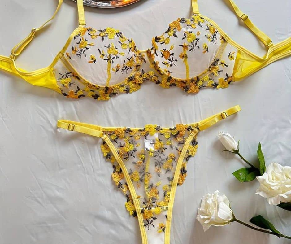 Floral Embroidery Lingerie Set Yellow